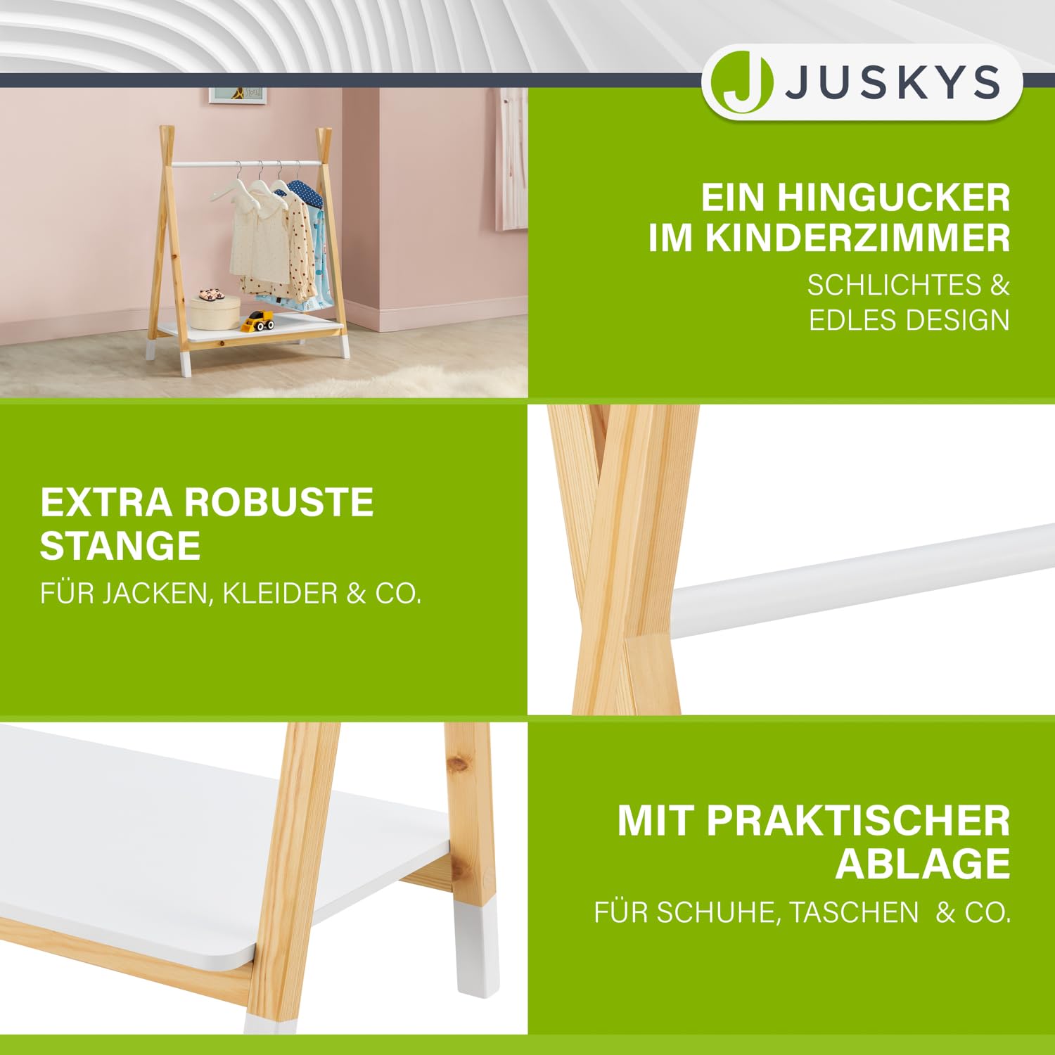 Juskys Kinder Kleiderständer Heidy mit Ablage & Kleiderstange - Holz Kindergarderobe modern, offen & freistehend - Kinderzimmer Garderobe Weiß