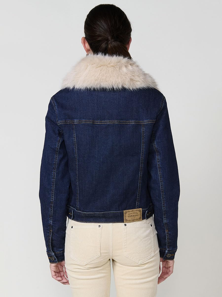 Koroshi Chaqueta cazadora vaquera denim oscuro forro interior efecto pelo y cuello pelo no animal extraíble