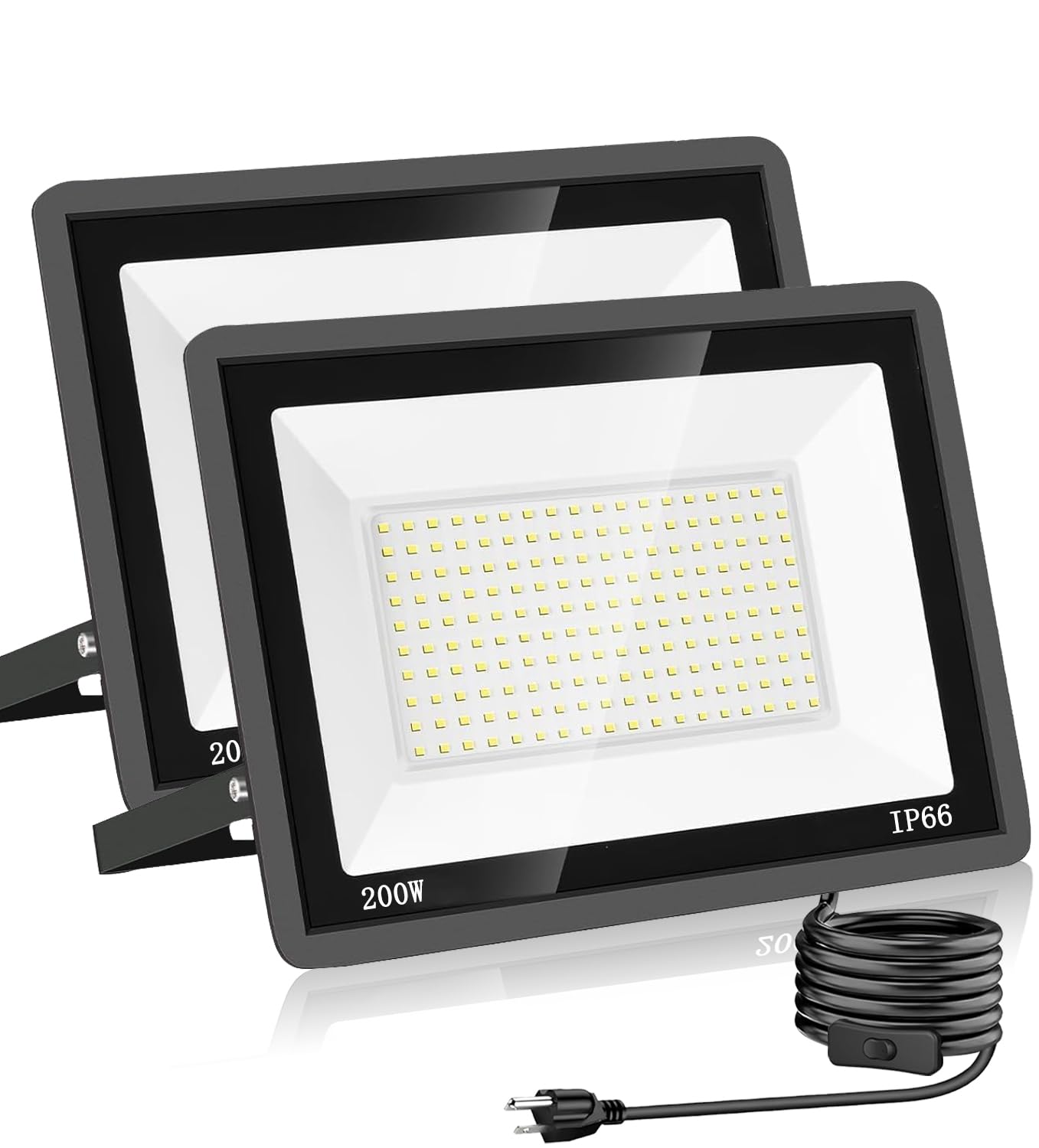 200W LED Flood Light 2 Pack, 22500lm with 2m/78.74in Cord plug switch ，Super Bright Security Lights, IP66 Waterproof Outdoor Flood Light, 5000K White Floodlight for Yard, Garden,Basketball Court，Arena