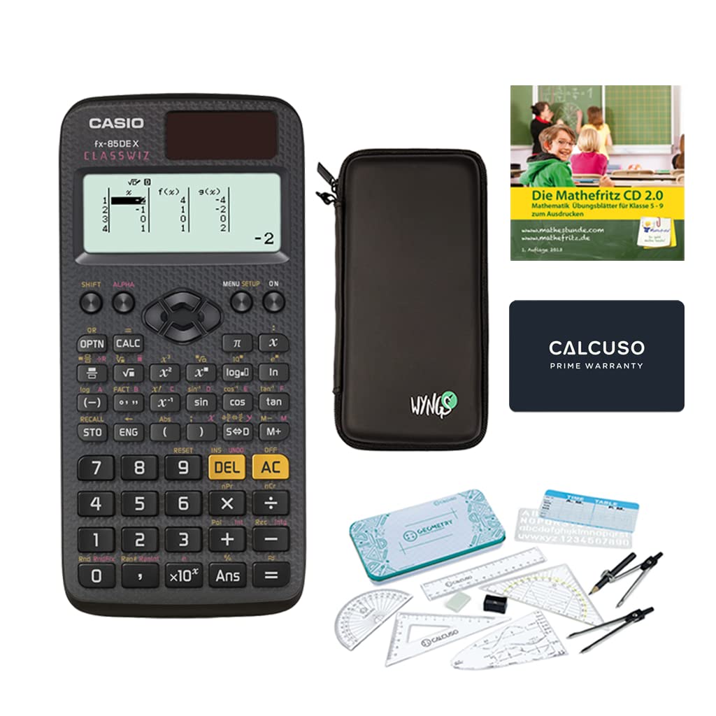 Casio FX-85DE X + Housse de protection + Garantie étendue + Kit géométrie Premium + CD d'apprentissage (en allemand)