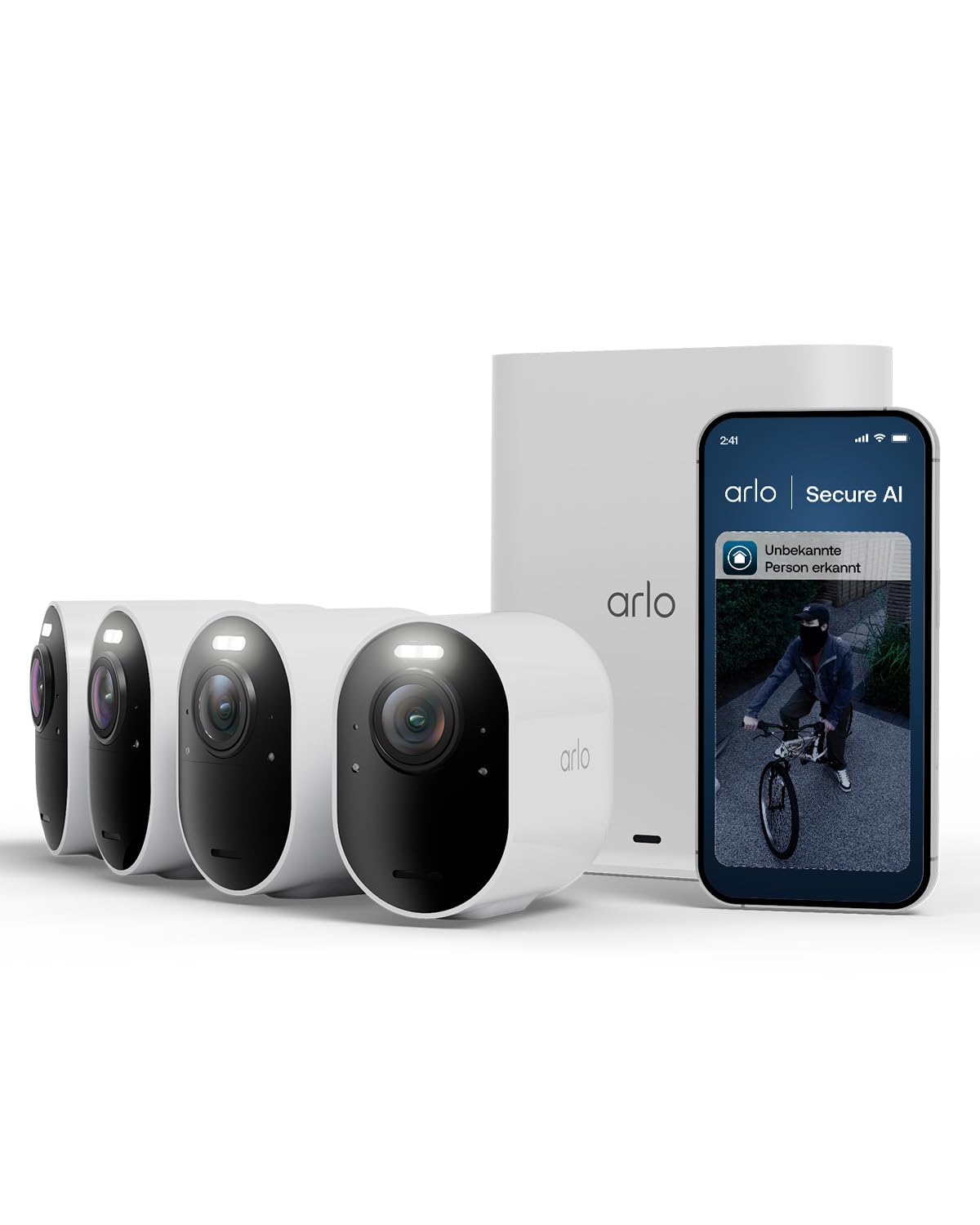Arlo Ultra 3 Überwachungskamera Aussen WLAN, Kabellos, 4K UHD, KI-Erkennung, Auto-Tracking, Farb-Nachtsicht, Zwei-Wege-Audio, Lokaler Speicher, mit Arlo Secure Testversion, 4 Kameras mit Smarthub