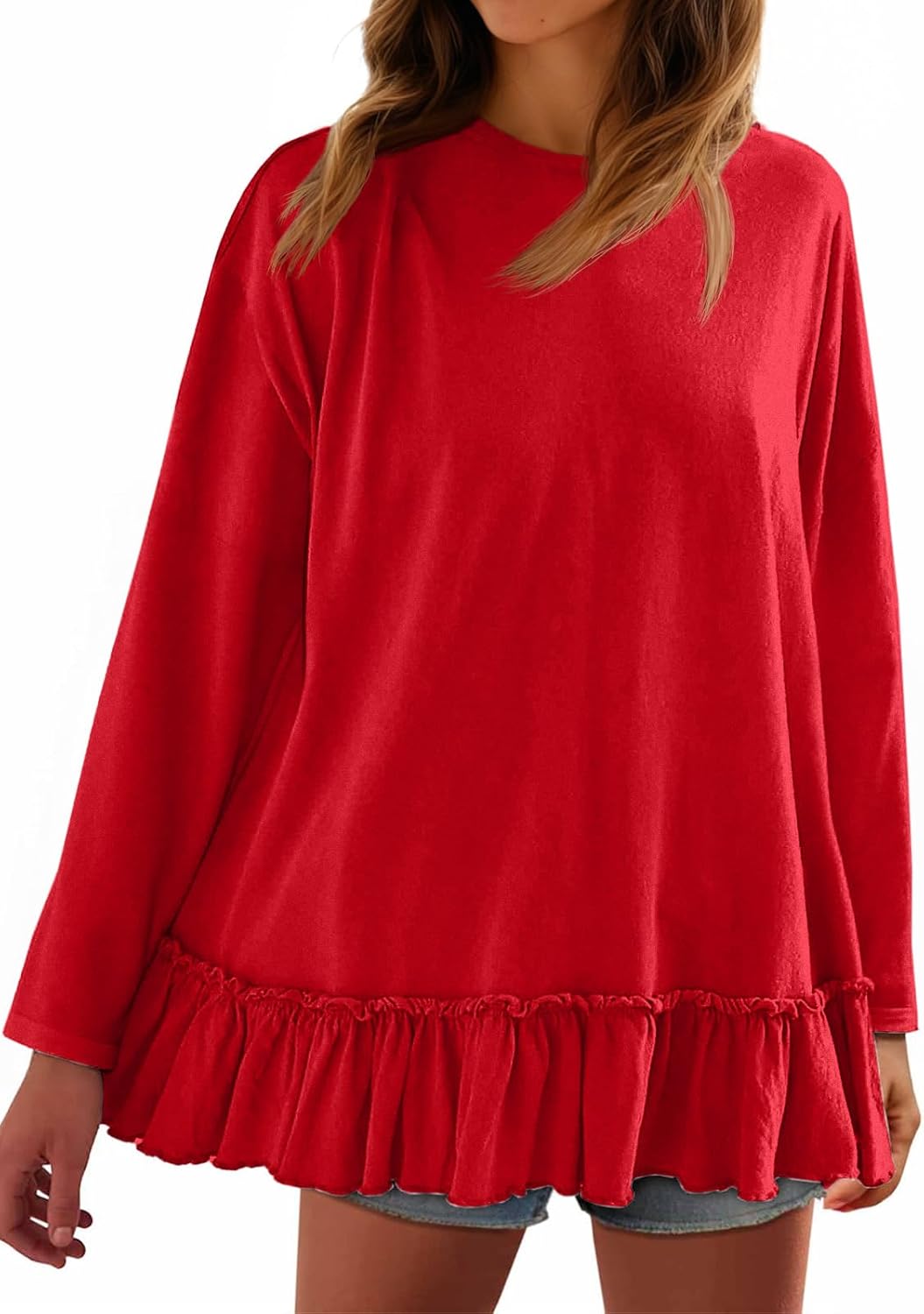 Tankaneo Womens Oversized Peplum Tunic Tops Long Sleeve Babydoll Tops Casual Pleated Shirts Crew Neck Flowy Loose Fit Tees