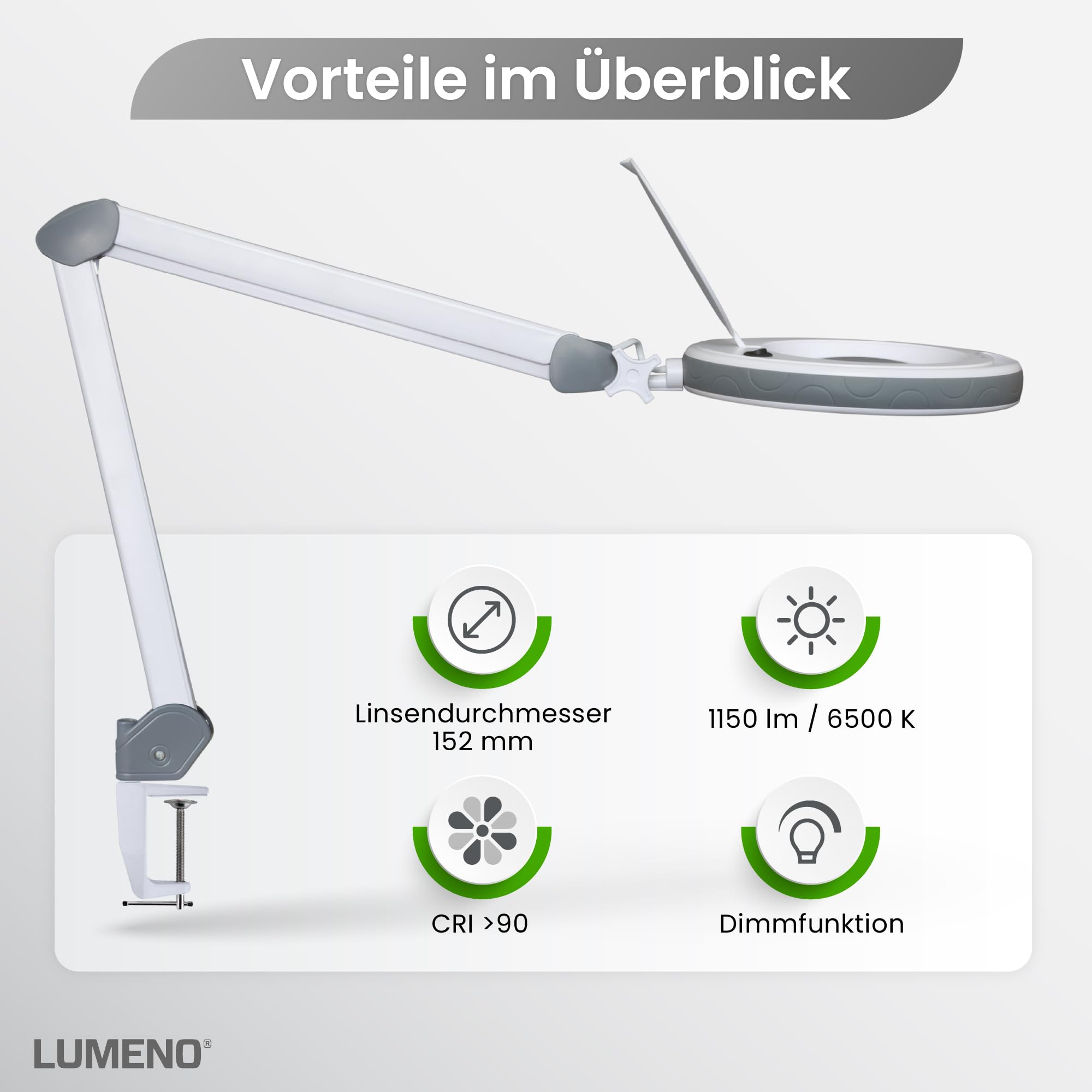Lumeno dimmbare LED Lupenleuchte 8515GR 152 mm Echtglaslinse 5 Dioptrien einstellbare Helligkeitsstufen Grau