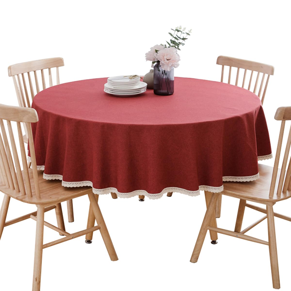 Nappe ronde anti-tache en coton lin rouge 160cm protège table efficace