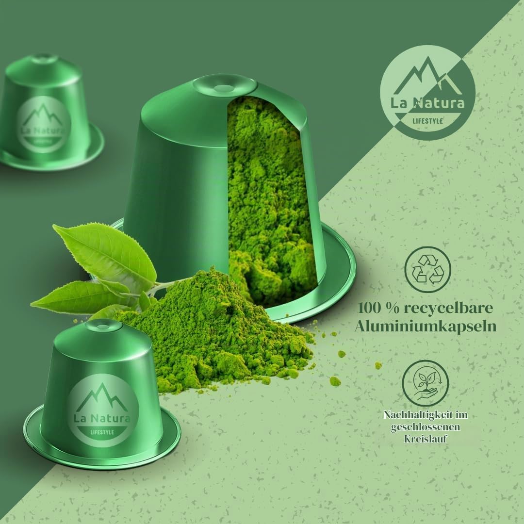 La Natura Lifestyle BIO Mighty Matcha, 80 Teekapseln aus Aluminium, kompatibel mit Nespresso®³ Kapselmaschinen, reines Naturprodukt, köstlicher Matcha auf Knopfdruck, made in switzerland