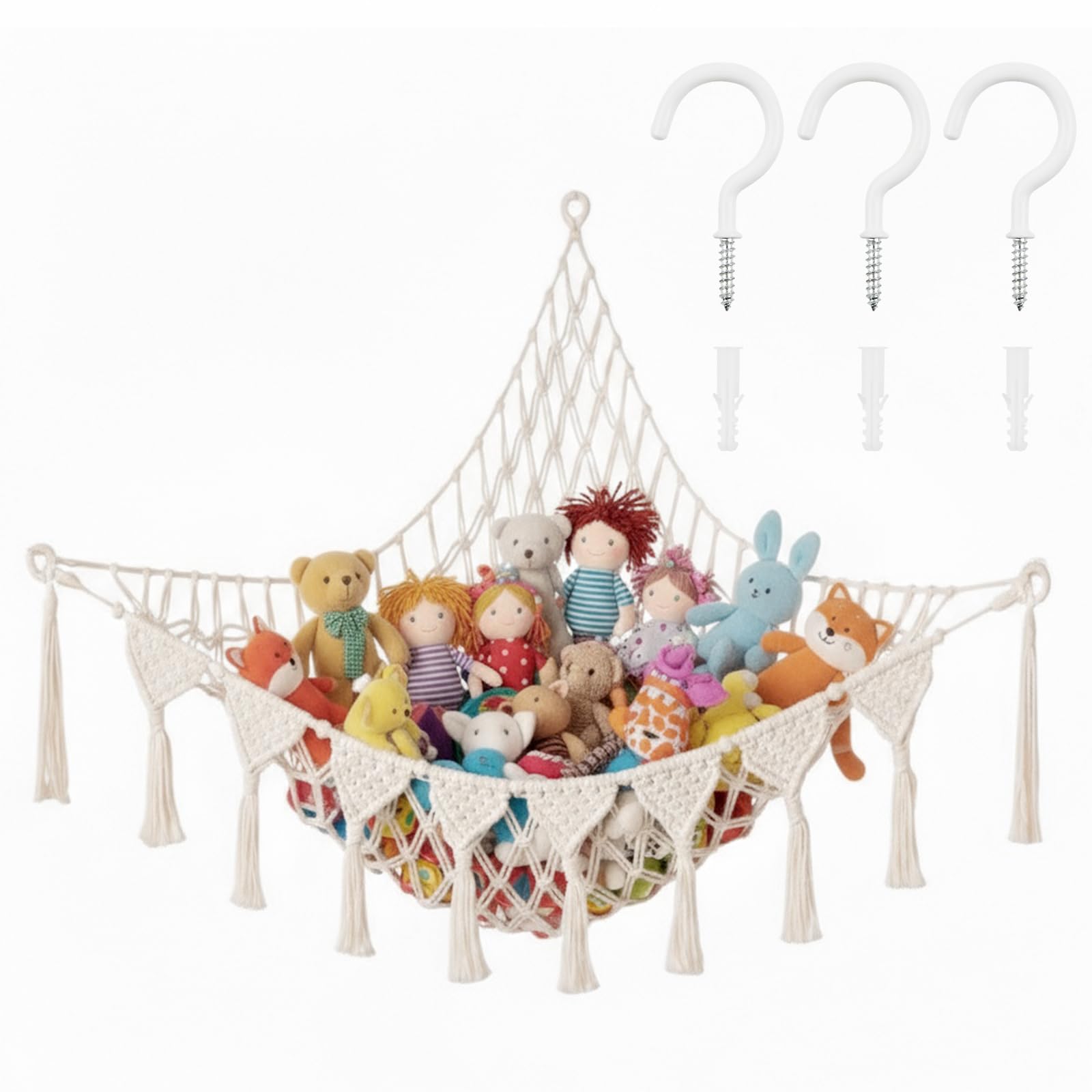 Filet de Rangement Peluches, Hamac Suspendu en Macramé, Organisateur de Peluche pour Chambre Enfant, Grande Capacité, Range Peluche à Suspendre Enfant, Blanc