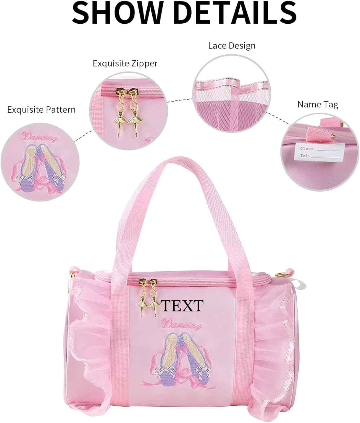 Personalized Kids Dance Ballet Bag, Large Capacity Fashion Tote Bag, Custom Dance Duffle Bag, Waterproof Travel Bag, Pink Lace Bag for Kids, Girls, Daughter, Granddaughter, Yoga Bag