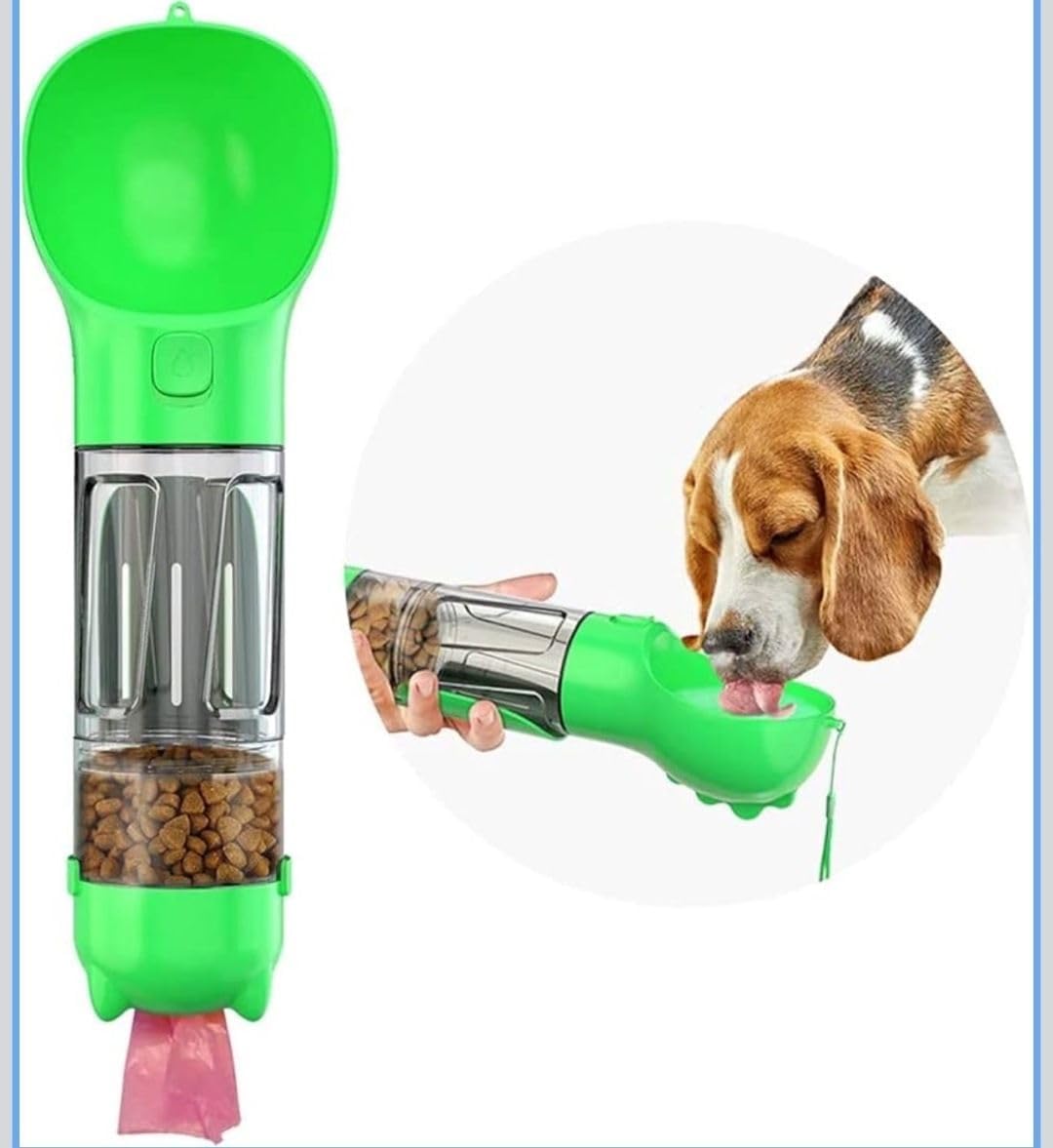 4-in-1 Portable Pet Water Bottle with Food Storage, Poop Bag Dispenser and Spoon for Dogs and Cats, Yellow, 300ml