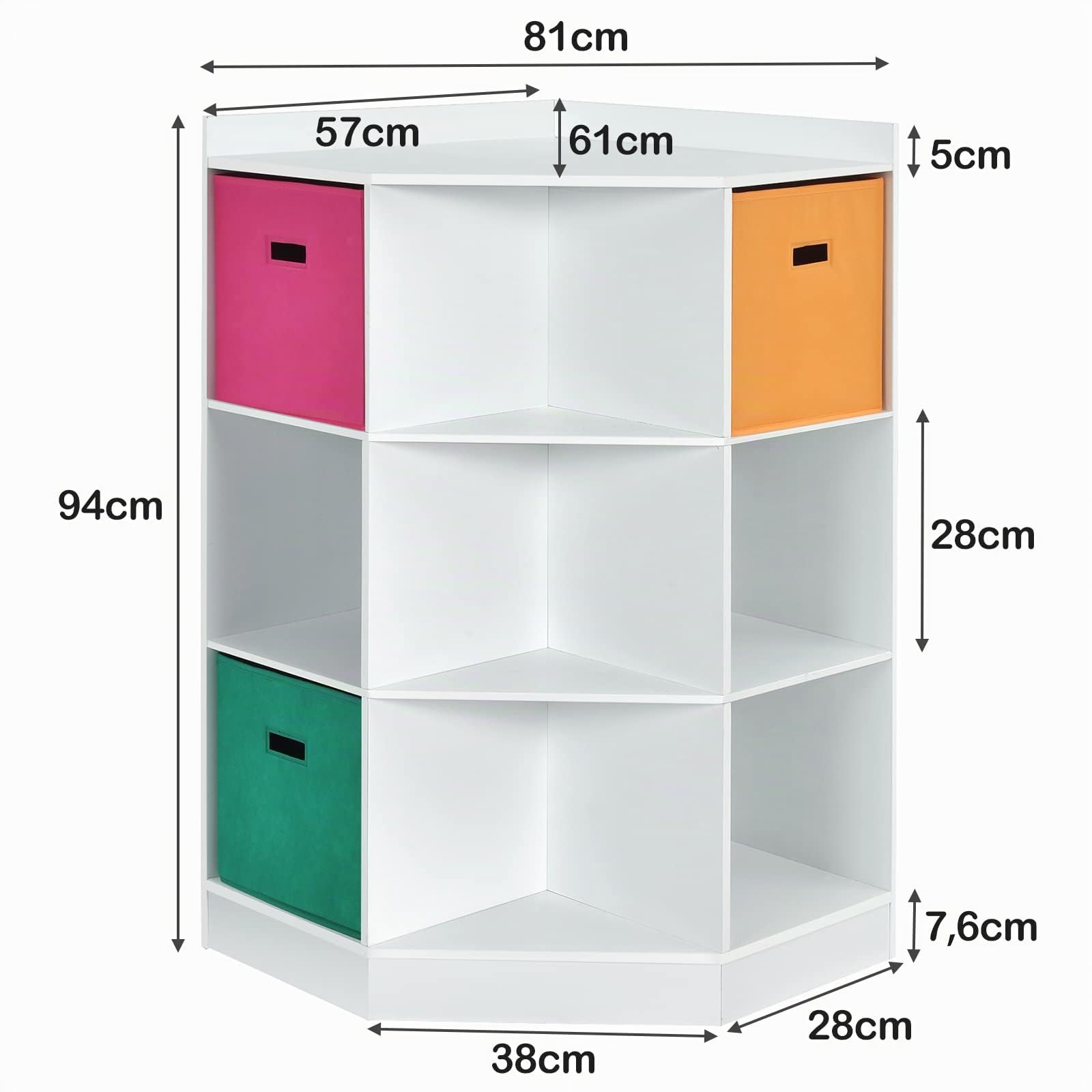 COSTWAY Scaffale Angolare, Scaffale ad Angolo con Tre Cestini Colorati e 9 Ripiani, per Casa, Soggiorno e Camera da Letto, 81x 61 x 94cm (Bianco)