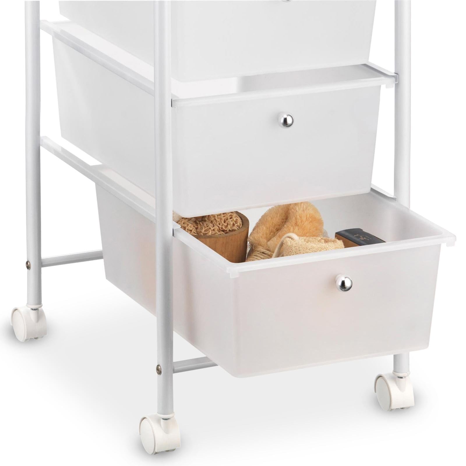IDIMEX Caisson sur roulettes GINA Chariot avec 4 tiroirs en Plastique Blanc Transparent et 1 étagère, Meuble de Rangement pour Salle de Bain en métal laqué Blanc