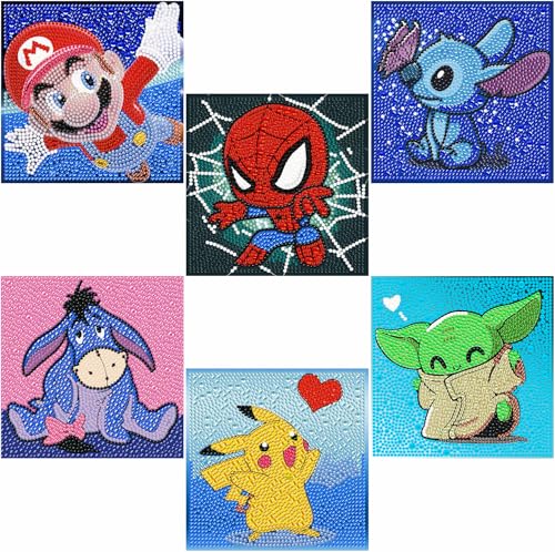 LWZAYS 6 Pack 5D Cartoon Diamond Painting Kits for Kids Beginners Diamond Art Kit for Kids Ages 8-12 Mosaic DIY Full Round Drill Big Gem Art for Kid Home Wall Decoration 6X6 inch