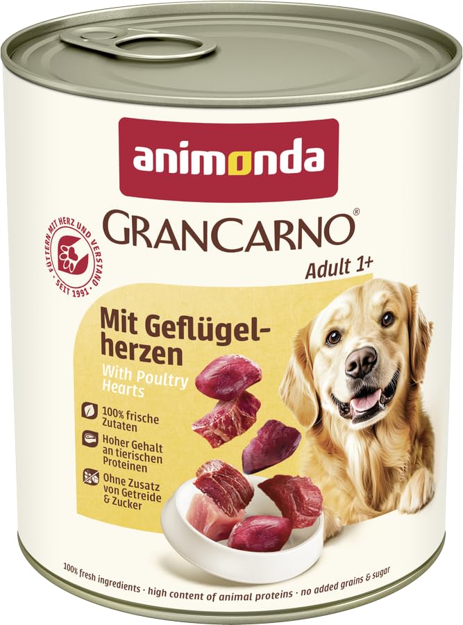 animonda GranCarno Hunde Nassfutter mit Geflügelherzen (6 x 800 g), getreidefreies Hundenassfutter ohne Zucker, für ausgewachsene Hunde, mit frischen fleischigen Zutaten