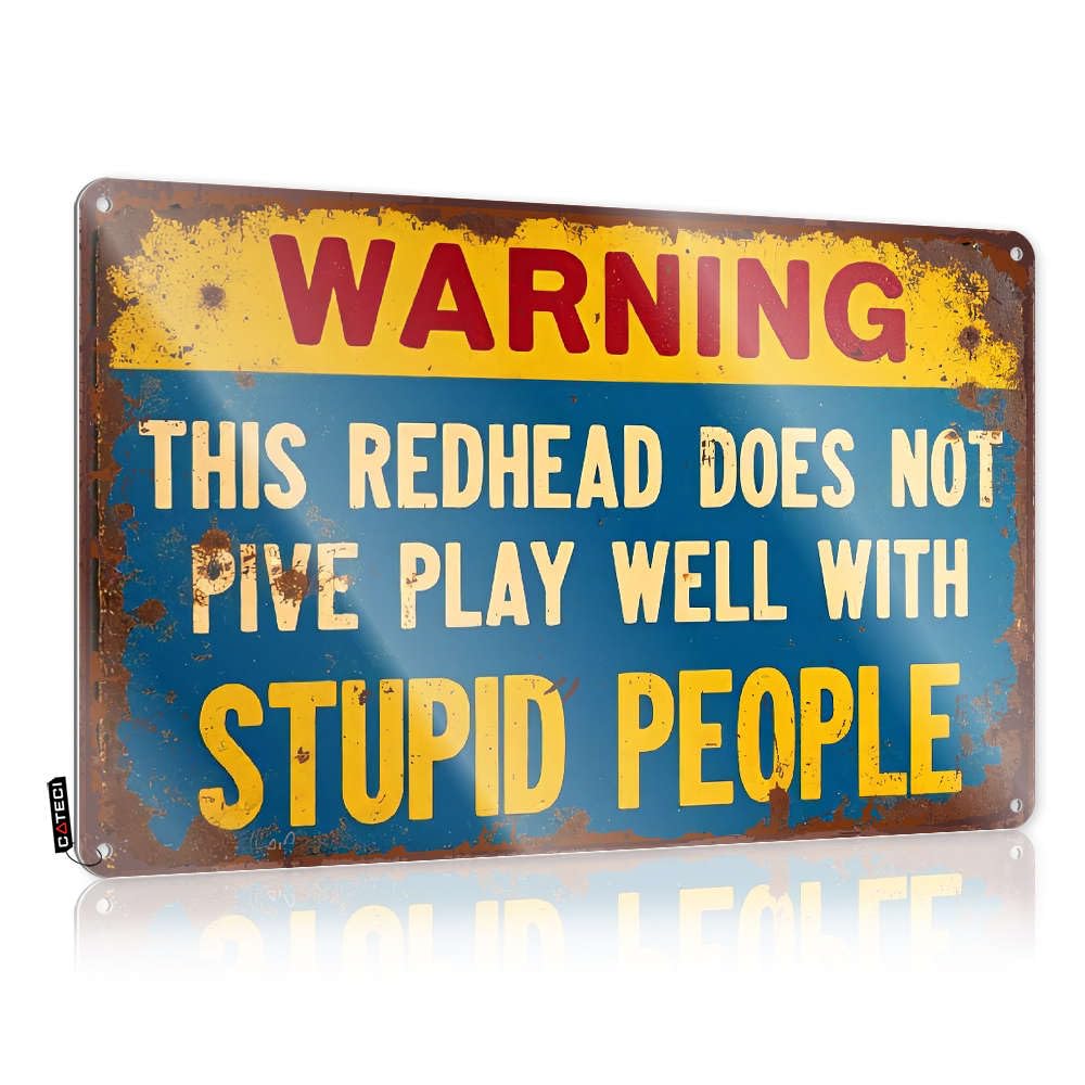 Man Cave Signs For Men Warning: Redhead Does Not Get Along With Stupid People. Tin Sign Funny Patio Signs Mancave Accessories Men(30X40CM)