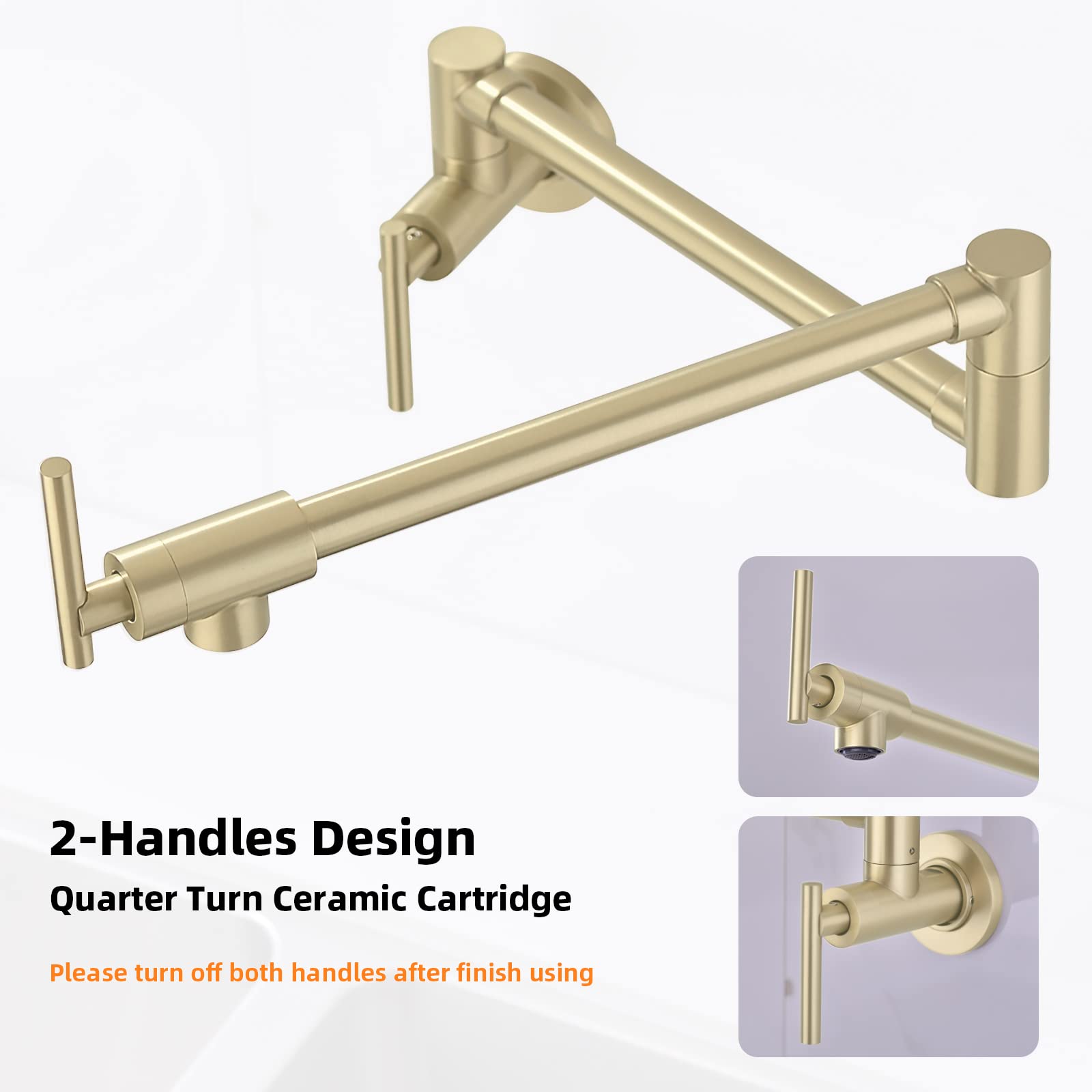 Grifo de llenado de olla de oro cepillado de acero inoxidable comercial montaje en pared grifo del fregadero de cocina plegable estirable con un solo agujero dos asas