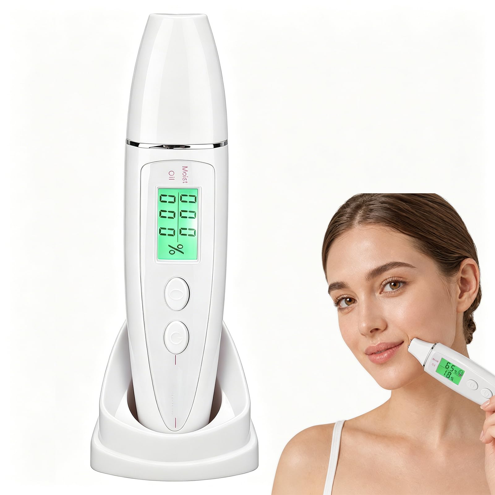 Tester per la pelle del viso Display intelligente Cura della pelle Corneometro digitale portatile con penna rilevatore di pelle per salone di bellezza domestico Bianco (Blanc)