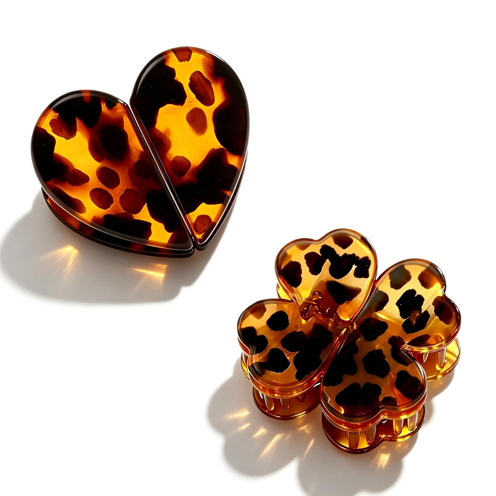 2 PCS Magnetic Hair Clips for Women, Small Leopard Print Claw Clips, Heart & Clover Resin Clutchers for Half-Up Hairstyles-image-2