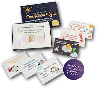 Gute-Nacht-Karten, 40 Gesprächskarten für das Einschlafritual, Fragekarten zum Vorlesen, Abendritual für Familien, veredelter Karton in Geschenkbox, in Deutschland produziert