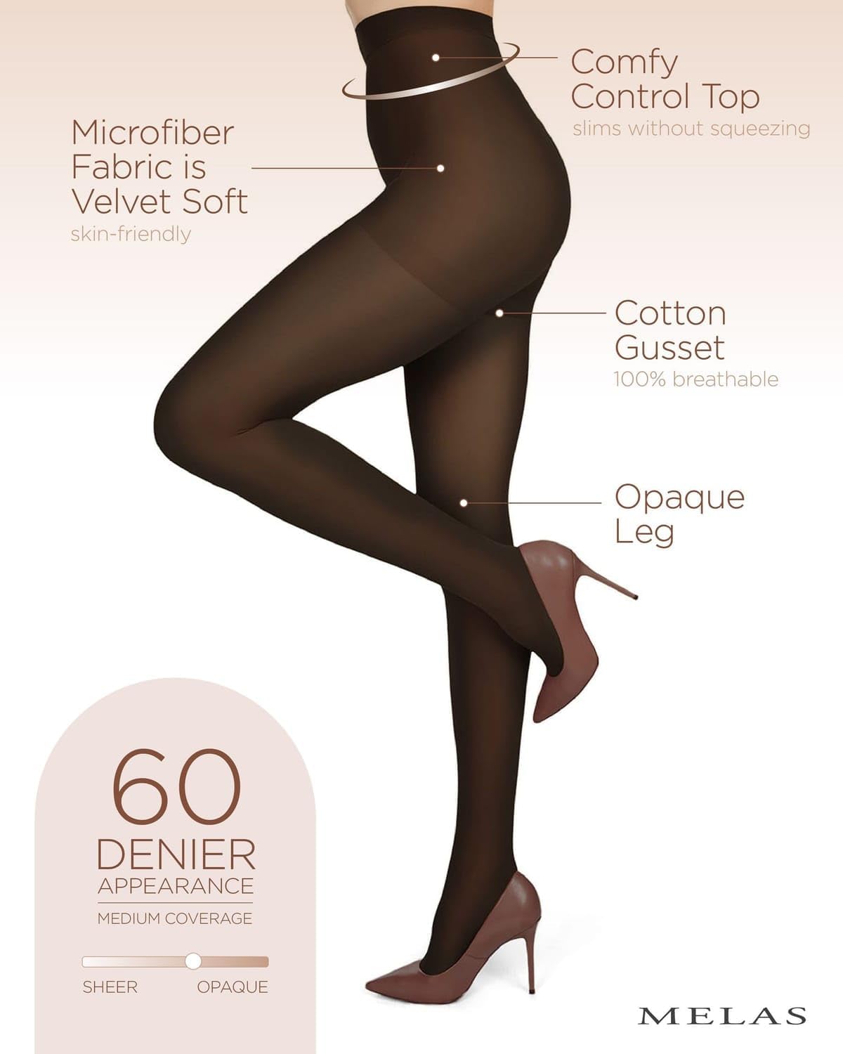 Melas MeMoi Microfiber Control Top Tights, Comfortable Velvet Soft Opaque Tights, 60 Denier - Sizes Small - Q2 - Image 3