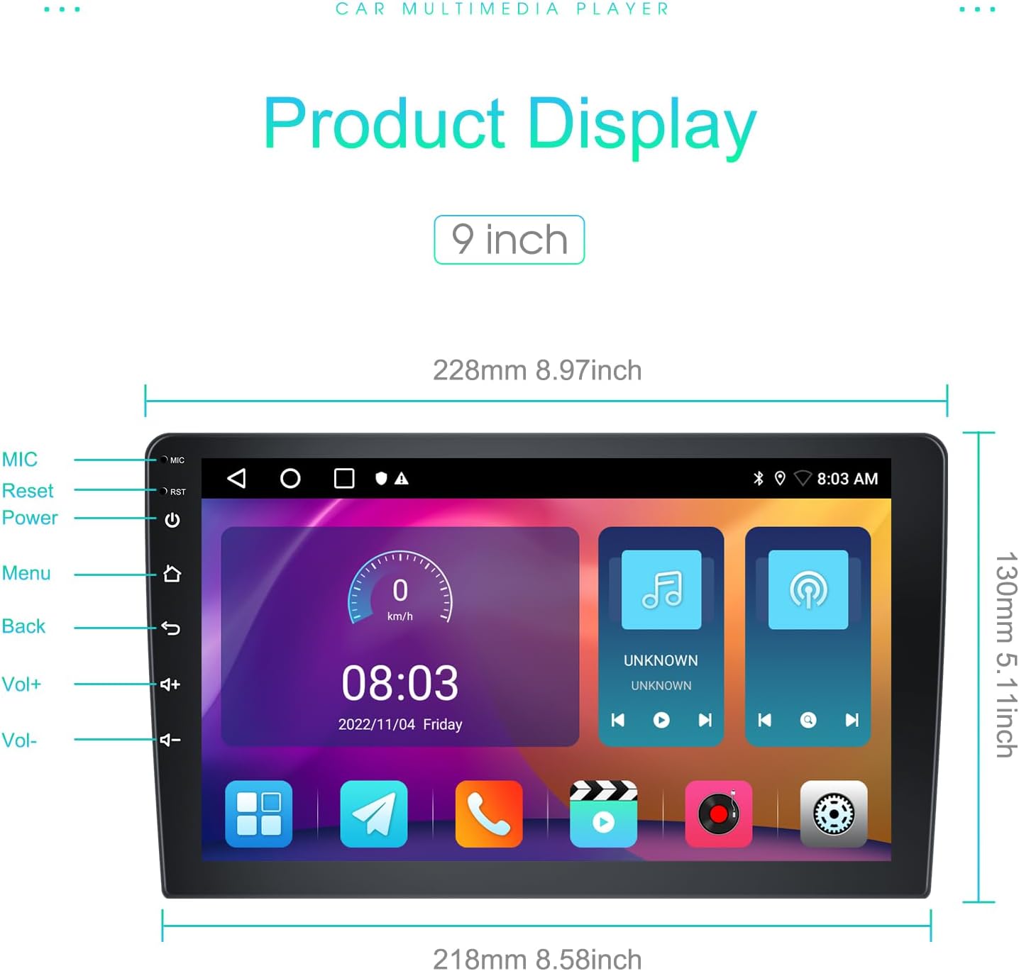 Rimoody Car Stereo Product Display with Dimensions