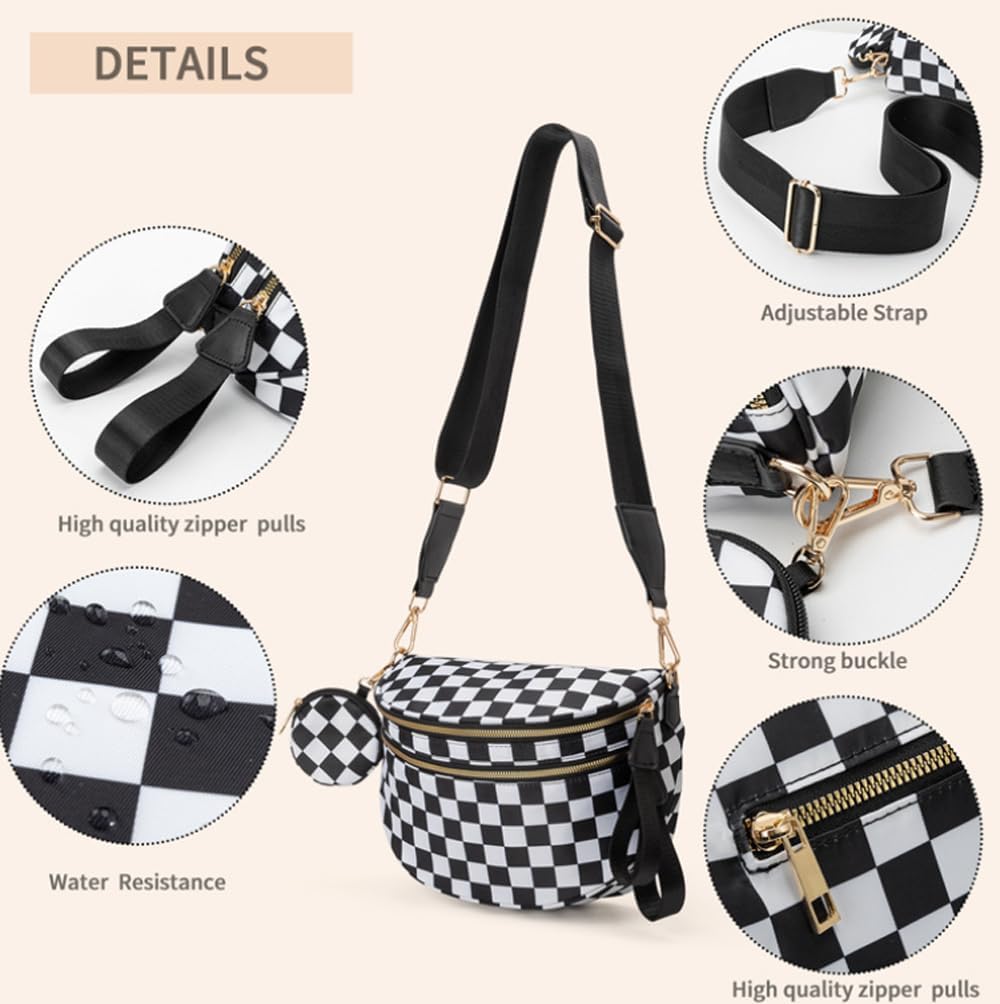 Checkered Crossbody Bag with Removable Wallets,Nylon Bum Bags,Spacious Sling Bag Purse Fanny Packs with Shoulder Strap - Image 7