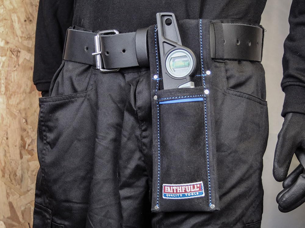 Faithfull Black Suede Leather Scaffold Level Holder for Tool Belt, Black / Blue - Image 3