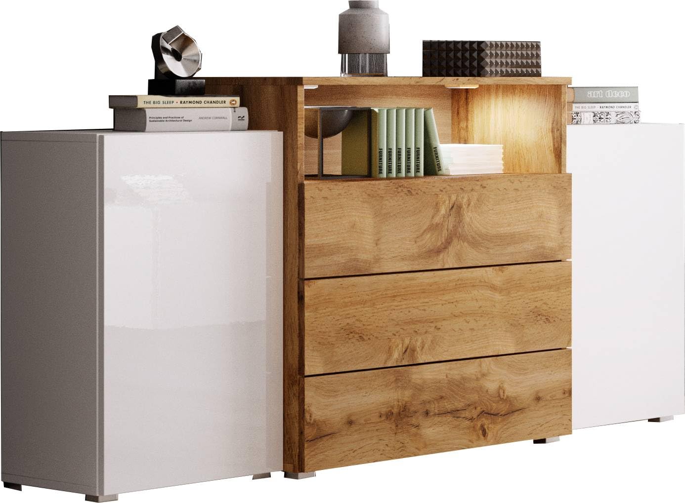 Commode Korfu III avec Tiroirs - 69-82 x 150 x 32,5-39 cm, Moderne avec LED, pour Chambre et Salon en Panneau Stratifié - Blanc/Chêne Wotan/Blanc Brillant