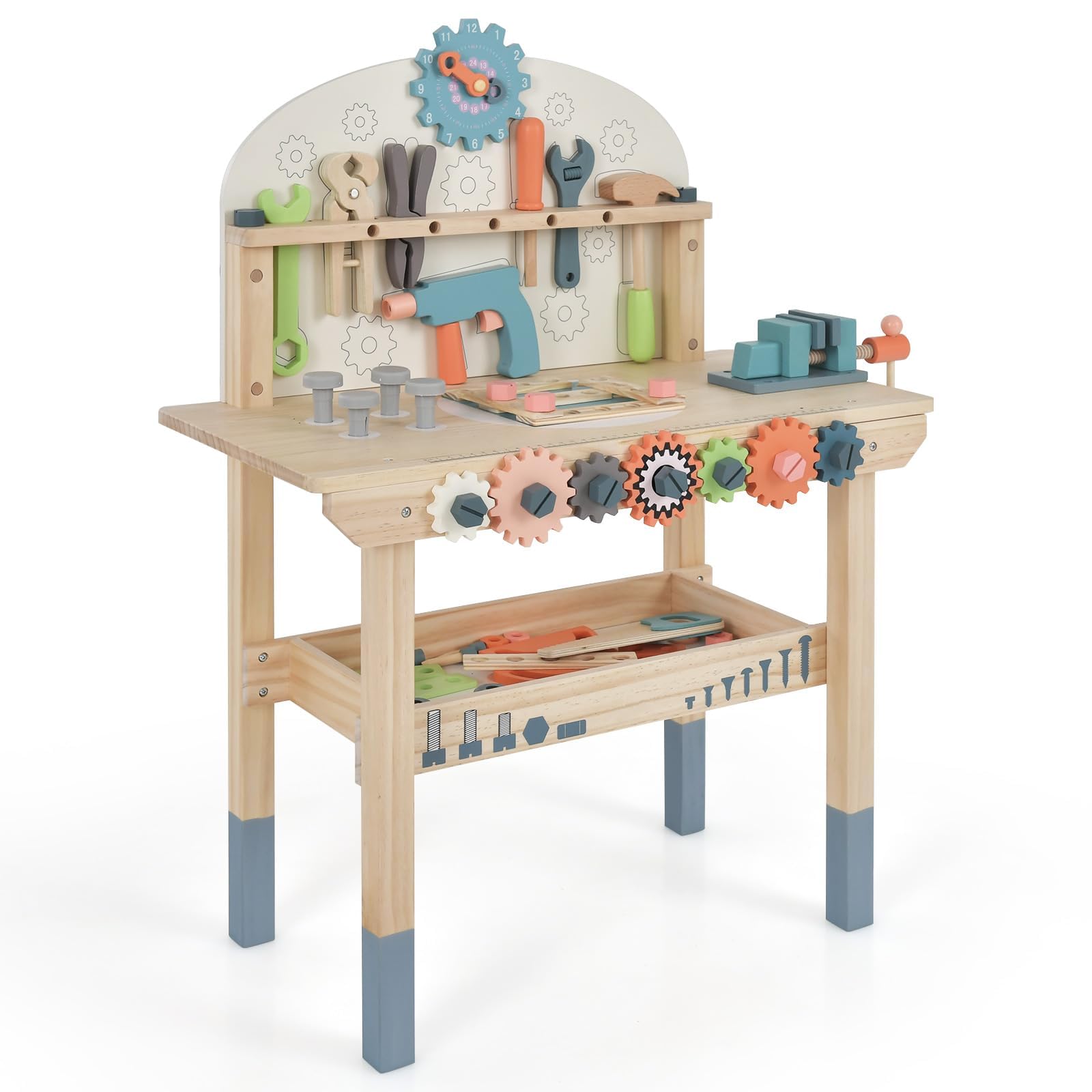 FANTASK Werkzeugbank für Kinder, Spielwerkbank Holz mit magnetischem Gestell, Ablageregal & Zubehör, Werkstatt Werkbank mit Werkzeugen Set Montessori für Kinder ab 3 Jahren