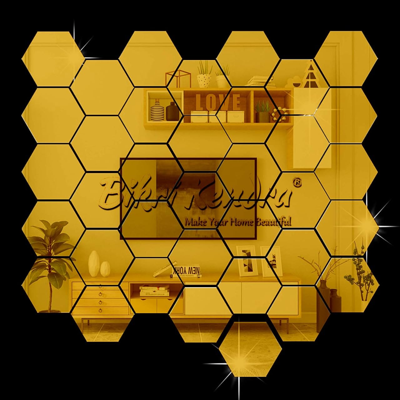 Bikri Kendra - 32 Hexagon with 20 Butterfly Golden Mirror Stickers for Wall, Hexagon Mirror Wall Stickers, Acrylic Mirror, Wall Mirror Stickers, Wall Stickers for Hall Room, Bedroom, Home Office (B09GBBN54R) Amazon Price History, Amazon Price Tracker