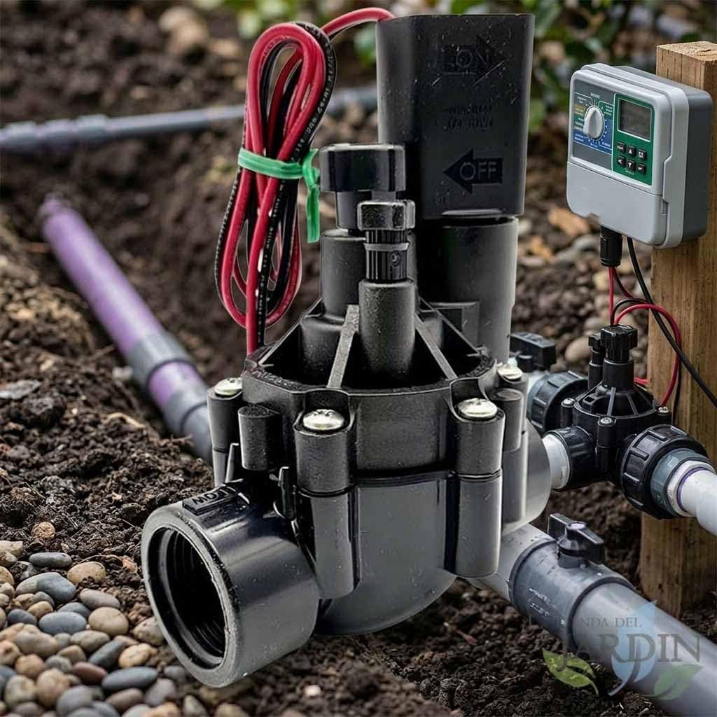Elettrovalvola irrigazione 1" 9 V con regolatore di portata 100 DVF. Funziona con programmatori a batteria di qualsiasi marca. Rain Bird Company