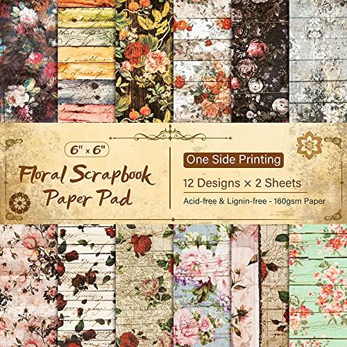 VONDYU Cardstock Paper Pad 6"x6" - Pink, Red Floral Pattern Scrapbook Paper Pad-24 Sheets Lovely Card Making Paper Pack Vintage Single-sided Scrapbooking Pages Decorative Craft Paper Photo Album Decor