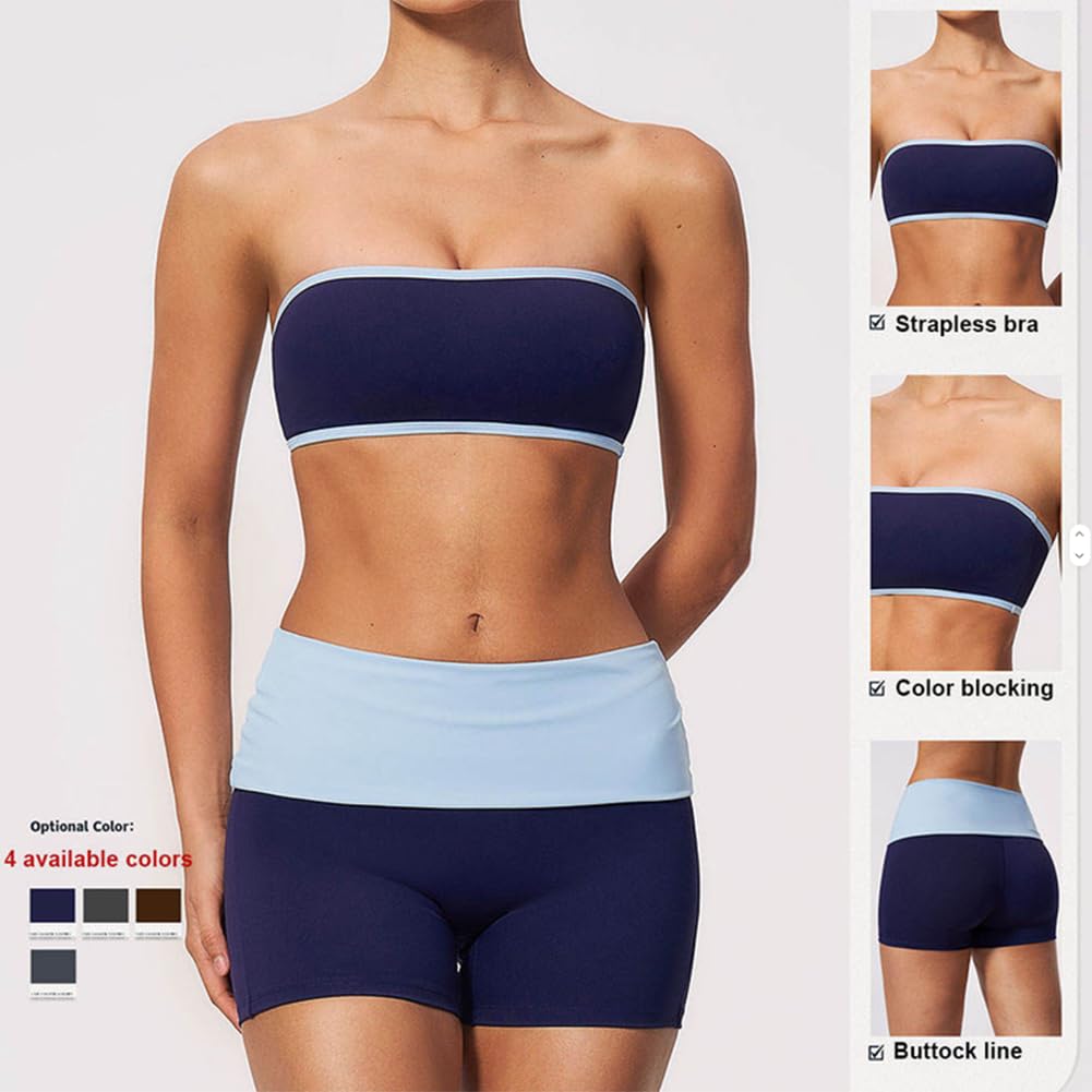 Top sport bandeau con finiture a contrasto pantaloncini vita ripiegabile | Top sport bandeau con finiture a contrasto, pantaloncini yoga con vita ripiegabile, completo fitness 2 pezzi elastico e trasp