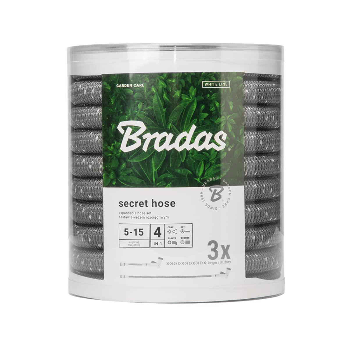 BRADAS - SECRET HOSE WSCH515GY, tubo estensibile 5/15 metri, ugello a 4 funzioni, tubo acqua espandibile adatto per giardino, giardinaggio, irrigazione, pulizia grandi spazi e autovetture.