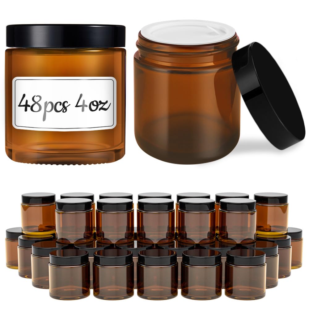 Tecohouse 4 oz Amber Glass Jar with Lids, 48 Pack Small Candle Jars with Lids & Sticker, Empty Cosmetic Containers for Sample, Cream, Spice, Lotion, Ointments Drying jar