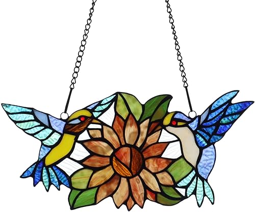 Bieye W10006 Colibríes Flor Tiffany Estilo Vitral Colgantes con Cadena, 15 pulgadas de ancho x 7 pulgadas de alto