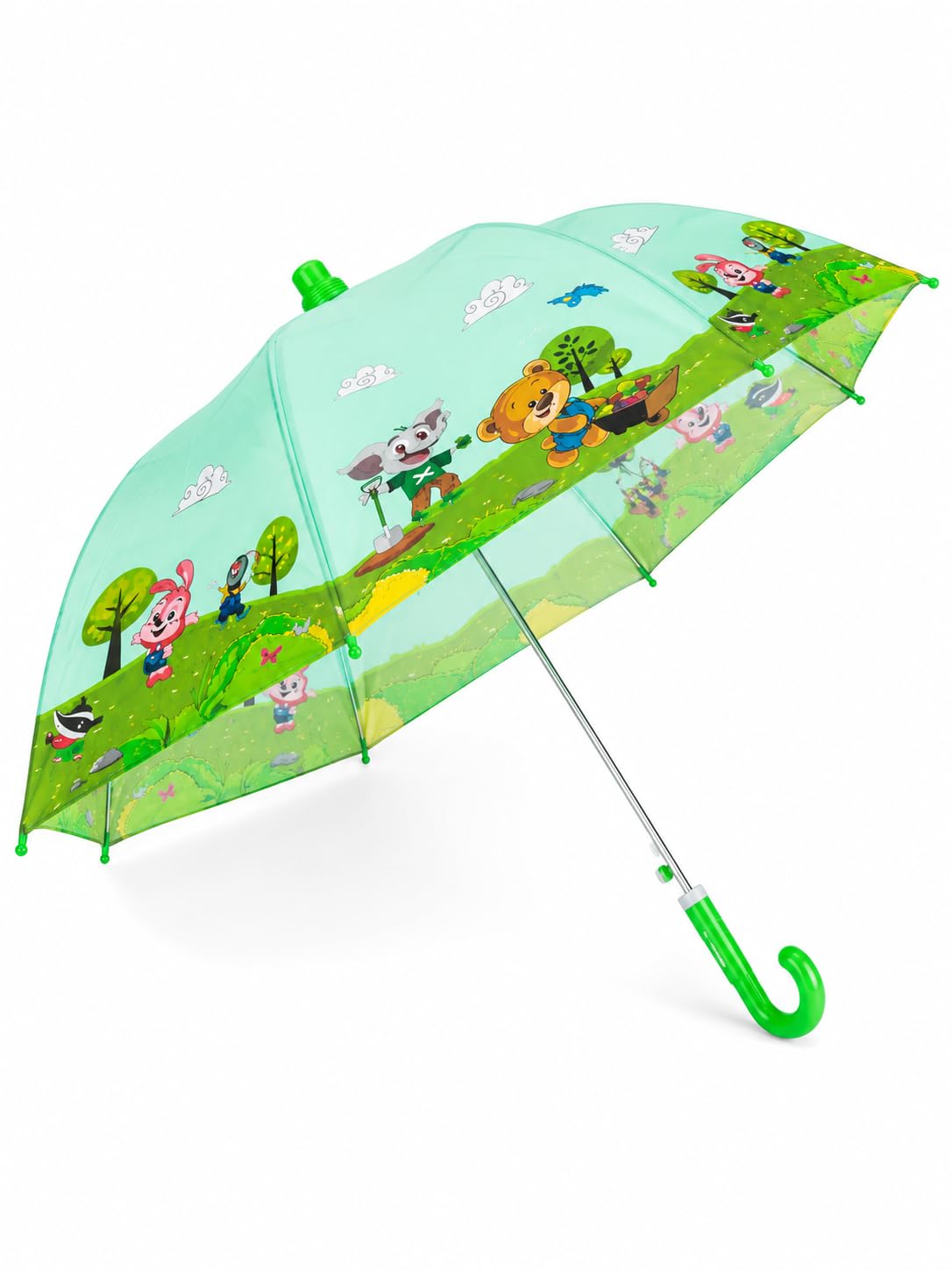 Kids Cartoon Animal Printed Umbrella | Lightweight Manual Open Umbrella with Curved Hook Handle | Water-Resistant Rain Umbrella for Boys & Girls | Green-image-31