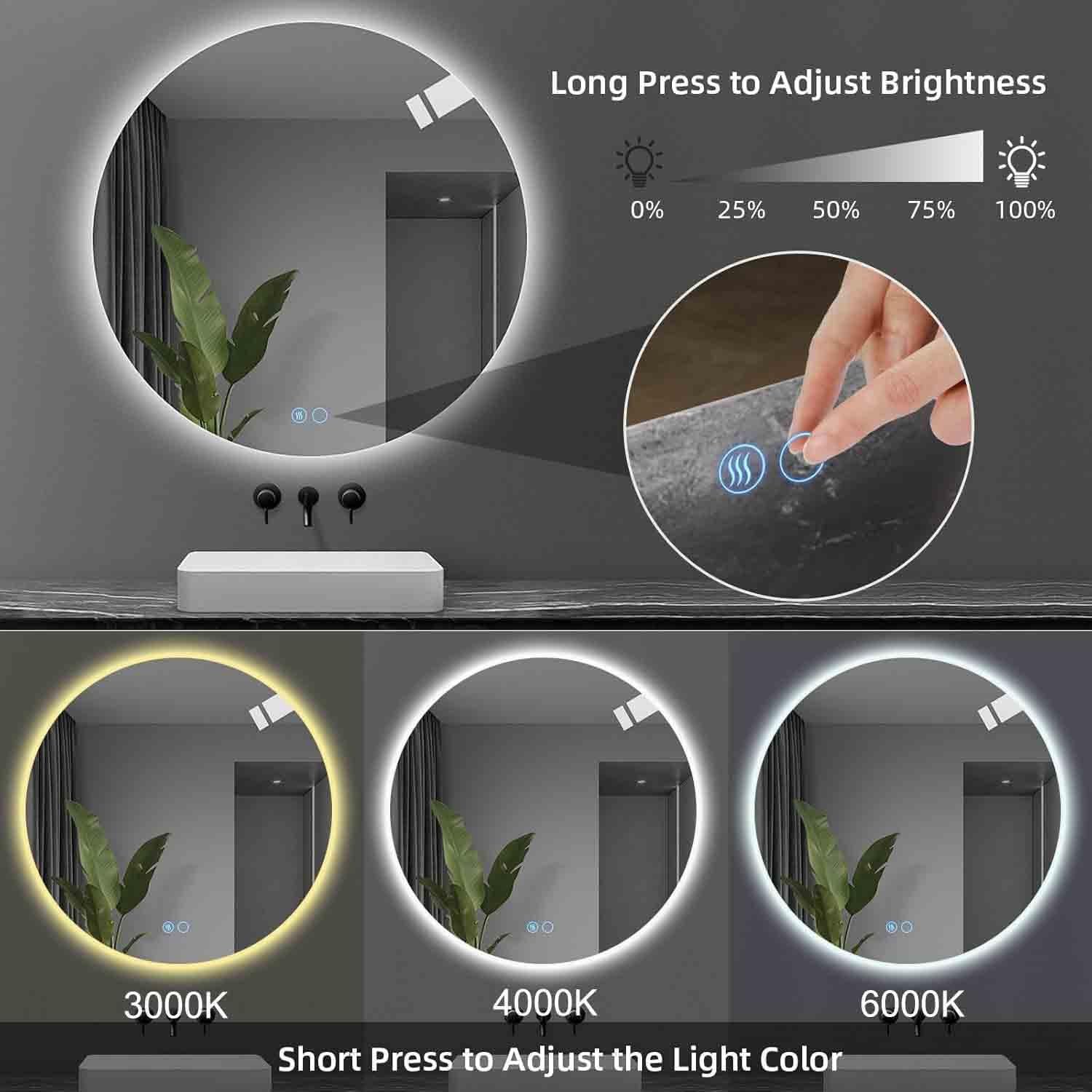 Okrągłe lustro łazienkowe LED ze światłami 81.3 cm, przeciwmgielne, podświetlane, 61 cm, montowane na ścianie, z podświetleniem, 3000 K / 4000 K / 6000 K (podświetlane, 110 cm/44)