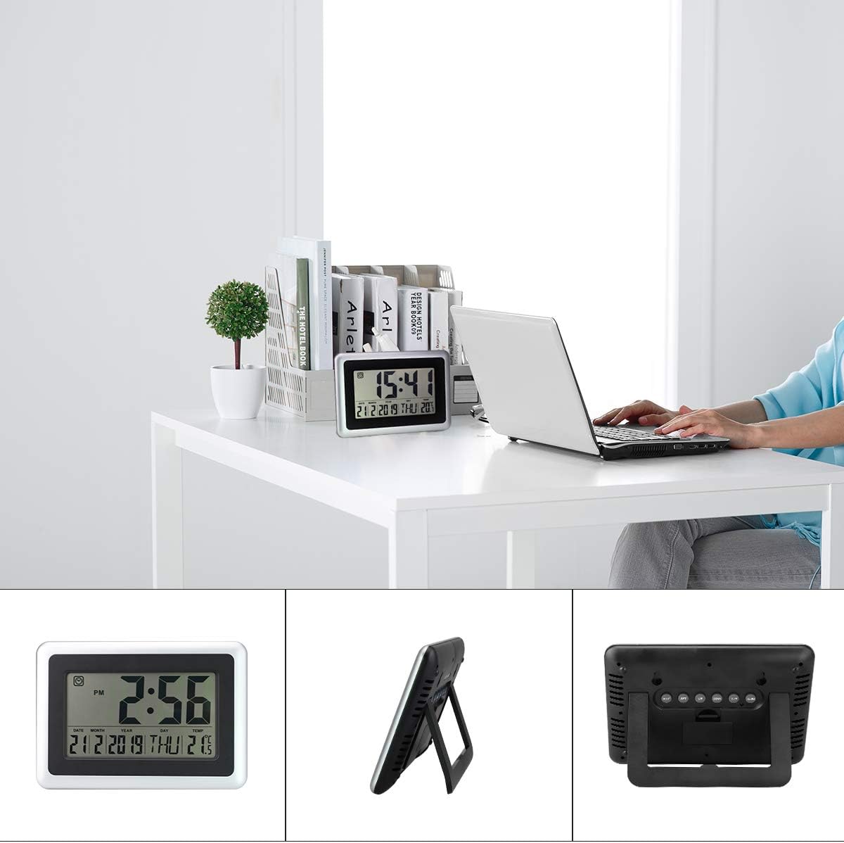 Digital Alarm Clocks for Bedroom, Large LCD Electronic Silent Wall Clock, Battery Operated Modern Desk Day Clock with Temperature and Date for Office, Kitchen, Living Room Decor for Heavy Sleepers