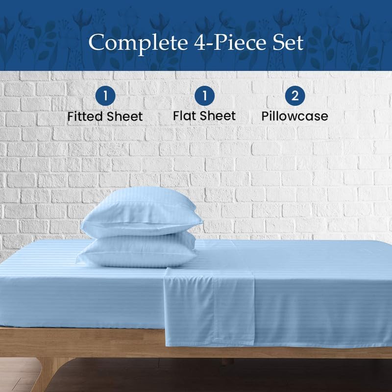 900-Thread-Count 100% Egyptian Cotton Sheets, Luxrious 6-PCs Sheet Set, Soft and Silky, Fits Mattress Upto 21-23'' Deep Pocket (RV-King, Light-Blue Stripe)
