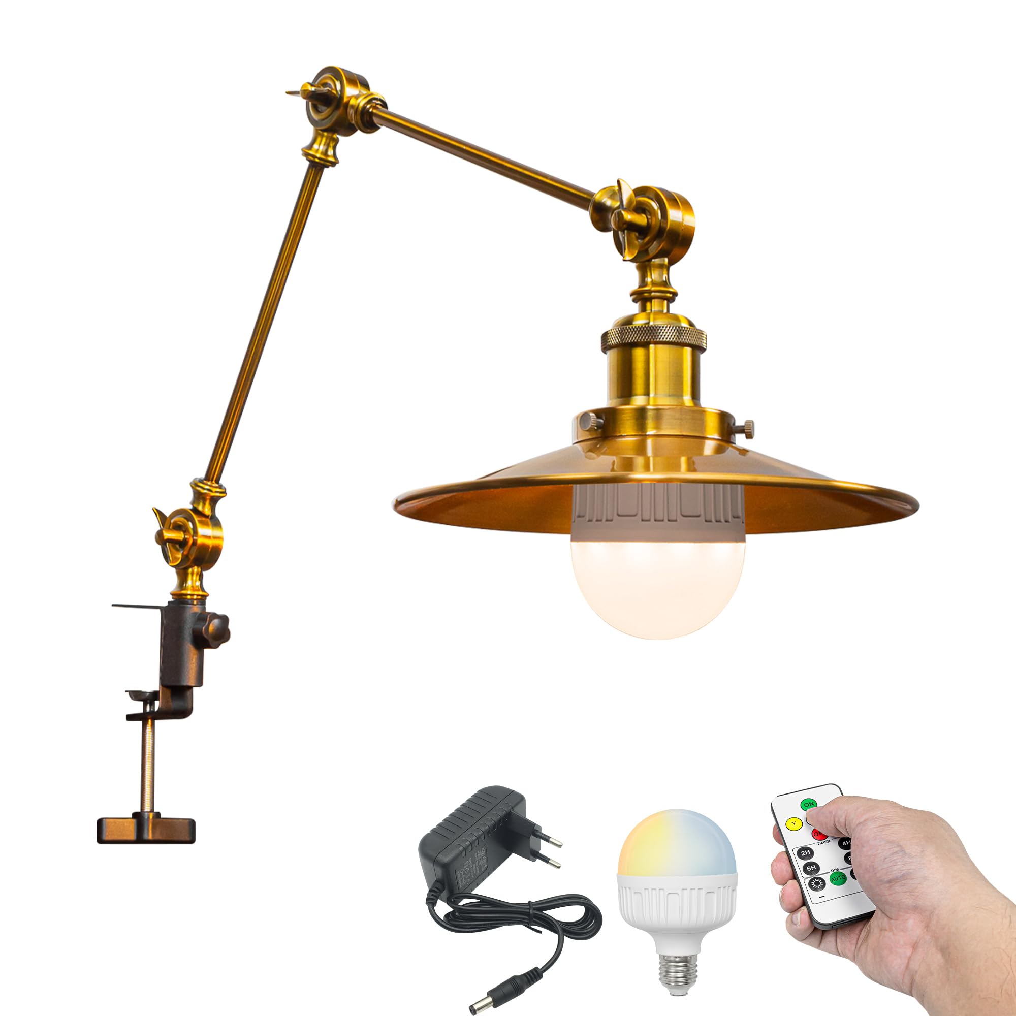 Wiederaufladbar Klemmleuchte mit Fernbedienung, Einstellbar Clip auf Schreibtisch Leselampe,Dimmbar Clamp Nachttischlampe mit Flexarm für Schreibtisch Nachttisch Regal- TB2773GL