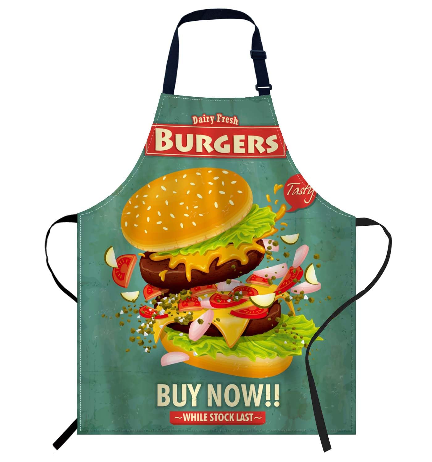 Smooffly Vintage Burger Poster Apron - Unisex Adjustable Bib Apron for Home Kitchen Restaurant, Coffee House