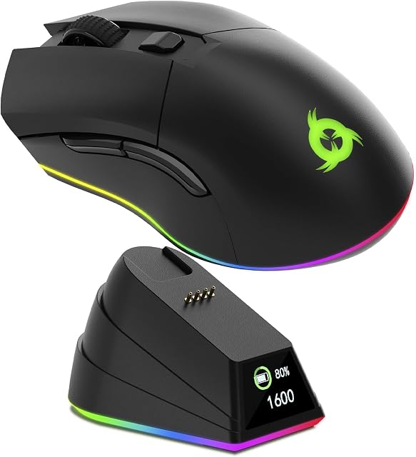 KLIM Blaze Pro Souris de jeu sans fil rechargeable avec quai de recharge RGB - Nouvelle version avec LCD Affichage - Capteur de haute précision et batterie longue durée - Jusqu'à 6000 DPI - noir