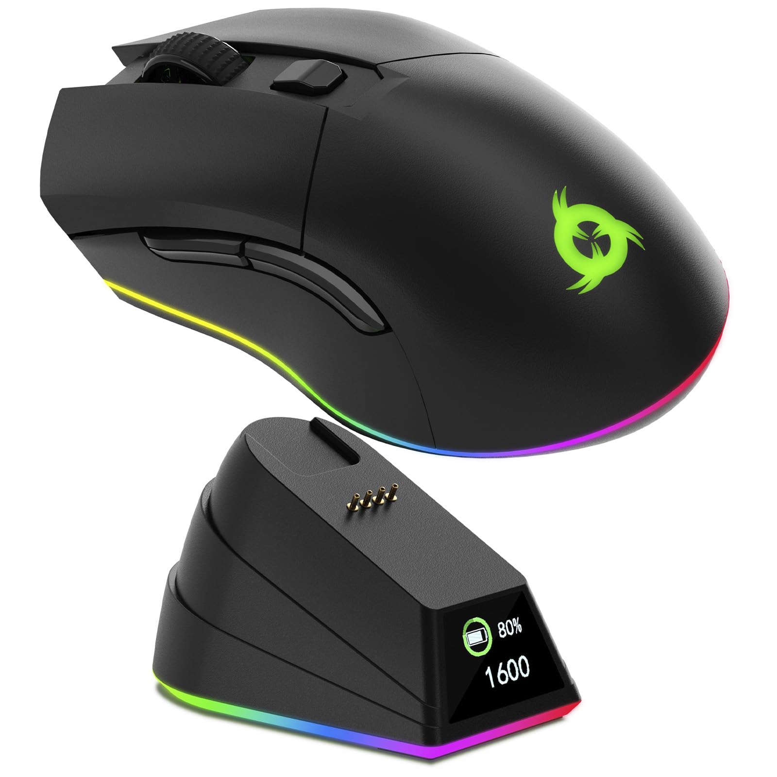 KLIM Blaze Pro – Ratón inalámbrico RGB Recargable con estación de Carga – Novedad con LCD Pantalla – Sensor Alta precisión y batería de Larga duración – hasta 6000 dpi – Ratón inalámbrico con Cable