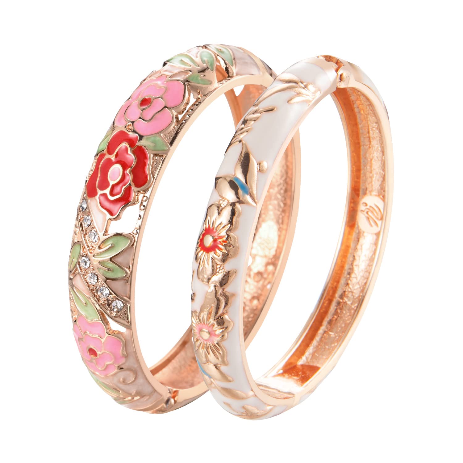 UJOY Cloisonne Bangle Colorful Enamel Filigree Rose Flower Hollowed Crystal Bracelet for Women Gifts 88A09