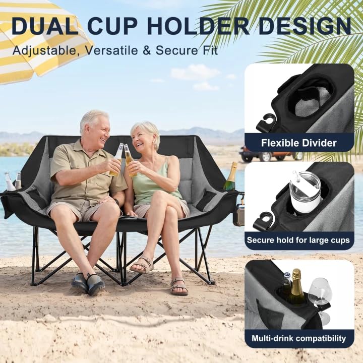 Image of Double Camping Chair 2 Person Loveseat, 800LBS Heavy Duty Chair, Grey