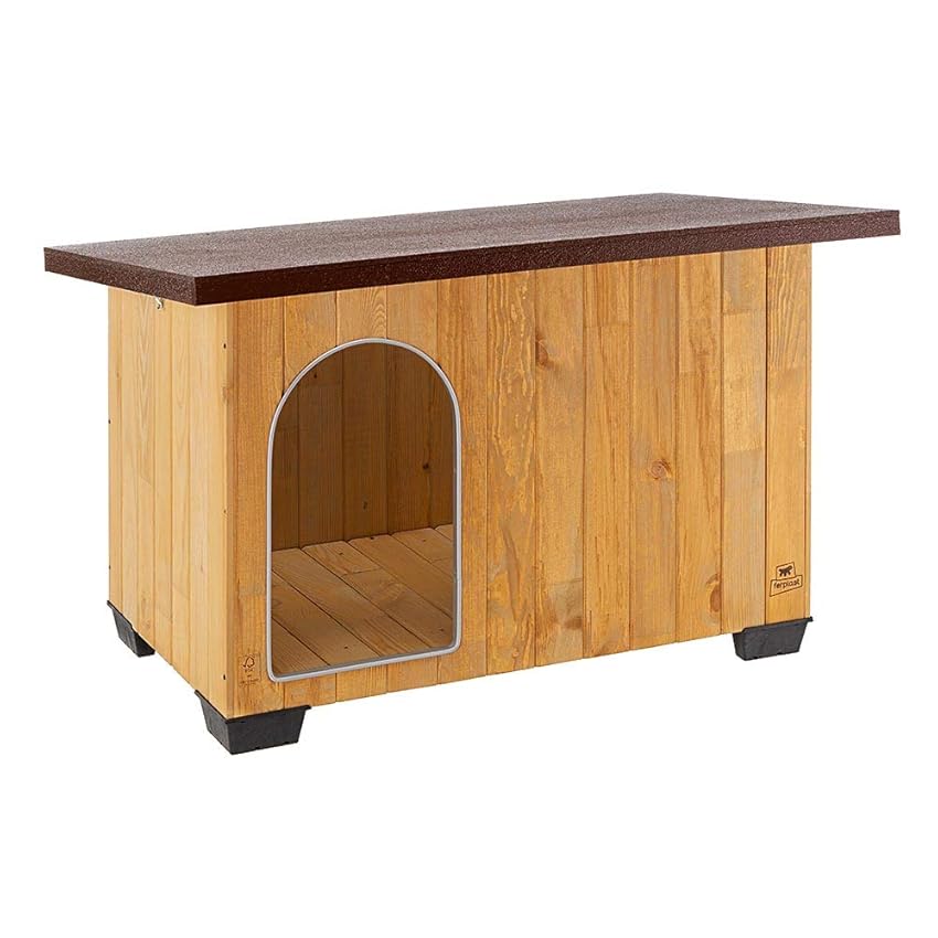 Ferplast BAITA 100 Casetta per Cani in Legno FSC - Tetto Apribile, Impermeabile & Anti-UV - Spiovente, con Chiusura - Porta Antimorso in Alluminio - Piedi Isolanti - 121 x 78 x h 78,5 cm
