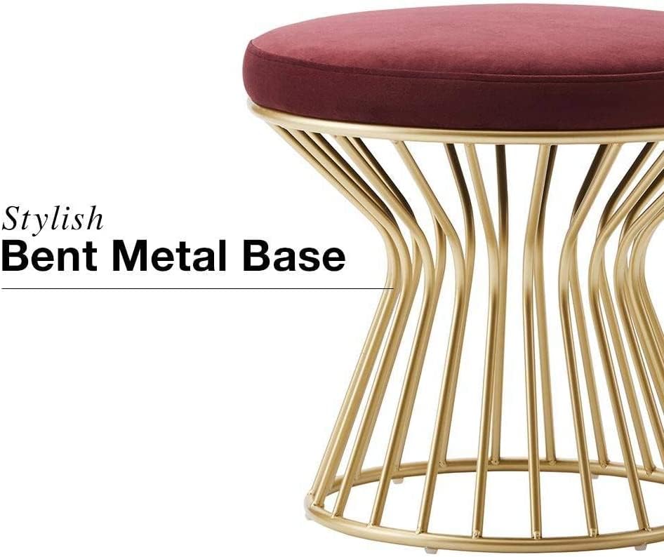 Image of Round Velvet Ottoman Seatting Stool Foot Rest Vanity Dressing Stool with Gold Metal Legs Modern Upholstered Footstool for Living Room Bedroom Home and Office Red