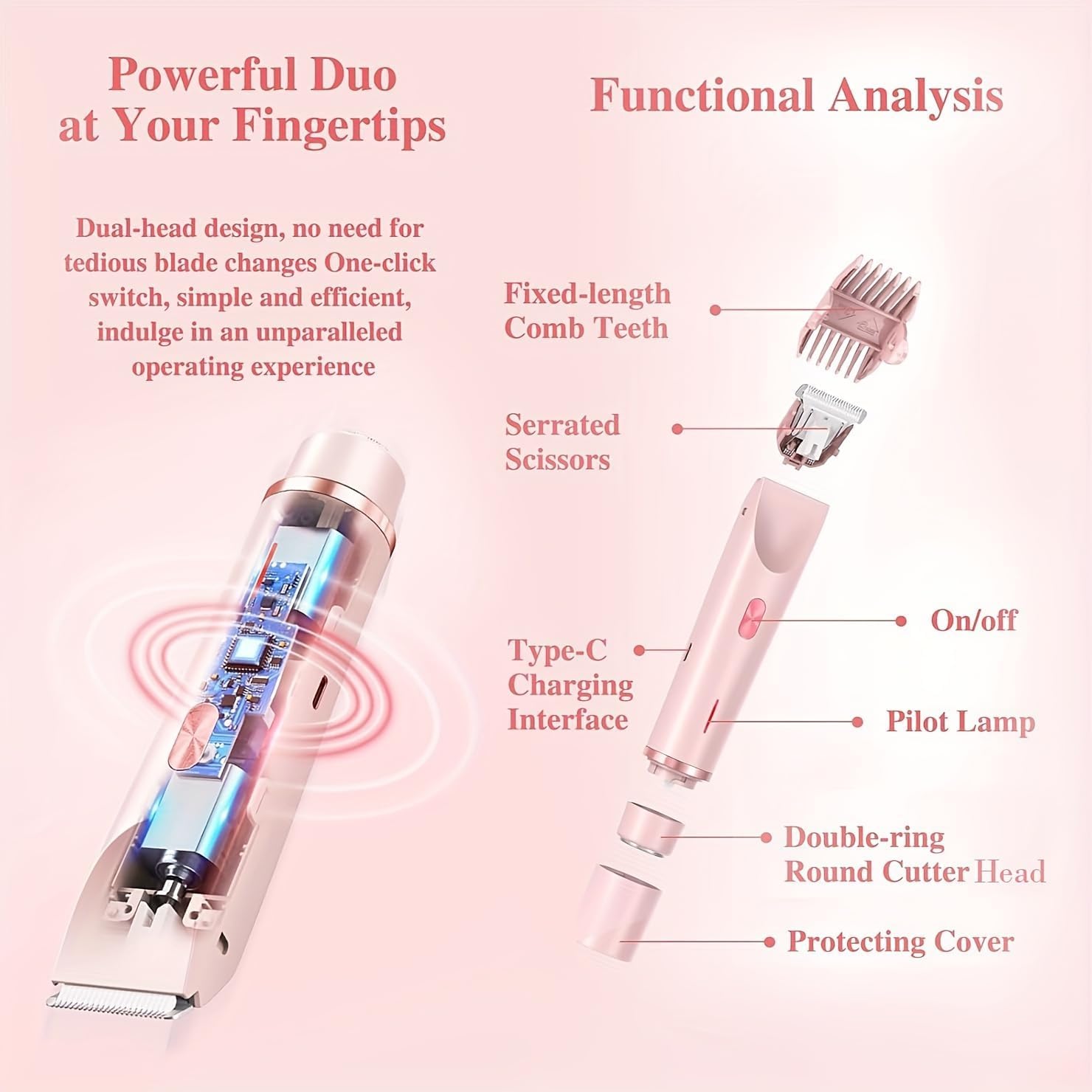 Rasoir Klyne Tondeuse 2 en 1 bikini rechargeable à double tête pour femmes et hommes, Recharge USB, Étanche IPX7, Sans douleur Tondeuse Intime, Utilisation Humide et Sèche (Rose) (Rose) - 4