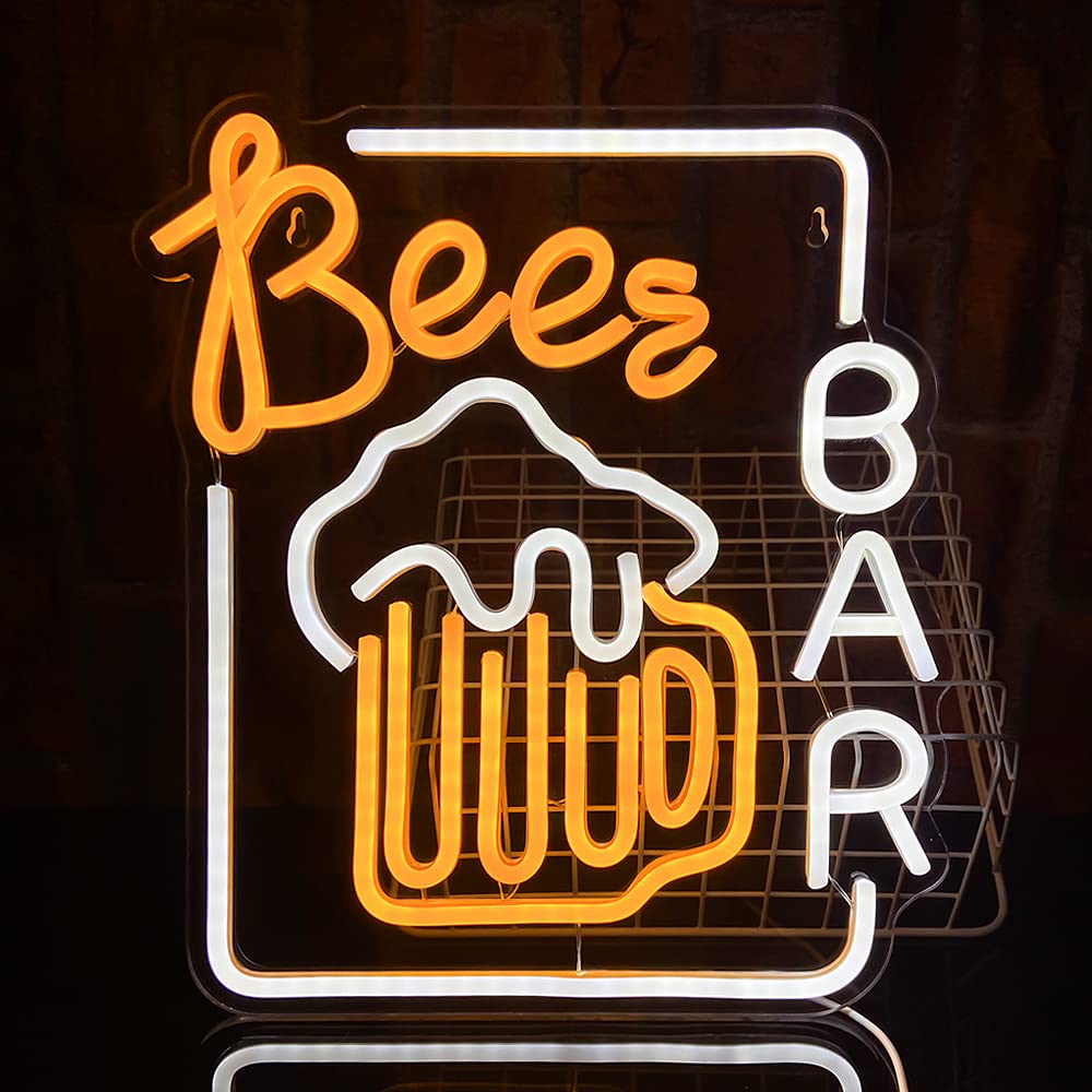 PILOYINDE Beer Neon Light Neon Signs for Wall Decor Bar Led Signs for Wall Beer Neon Light Sign Suitable for Bar Party 16.7x10.2 Inch (Yellow+White)