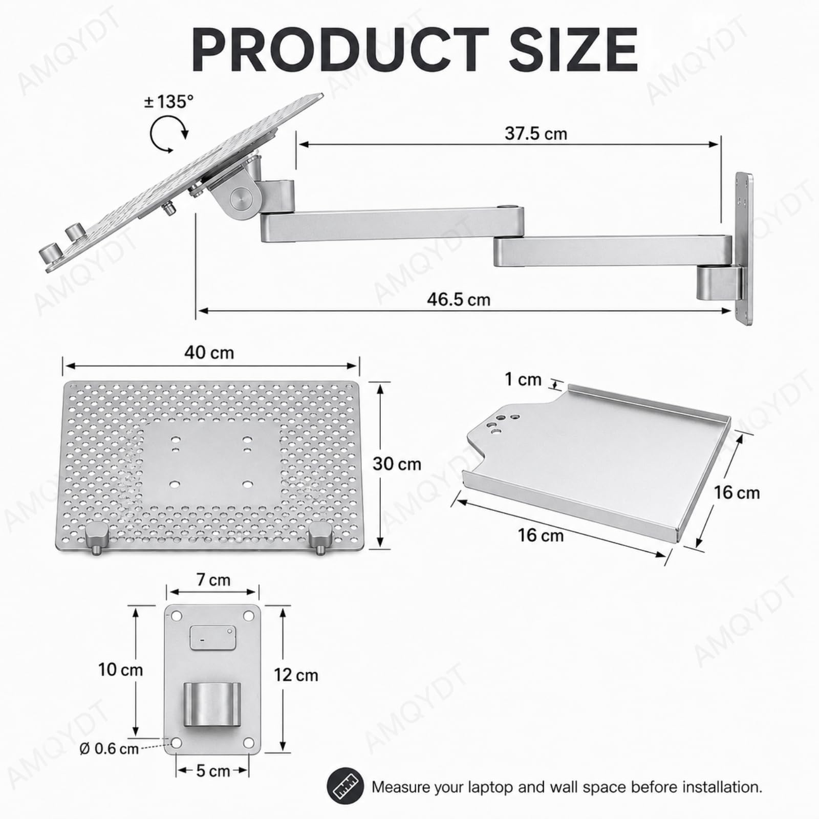 Supporto Da Parete Per Laptop, Supporto Pieghevole Con Vassoio Per Mouse Rimovibile, Capacità Di Carico 8 Kg, Rotazione A 360°, Inclinazione A 135°, Piattaforma Ventilata E Braccio Pieghevole Per