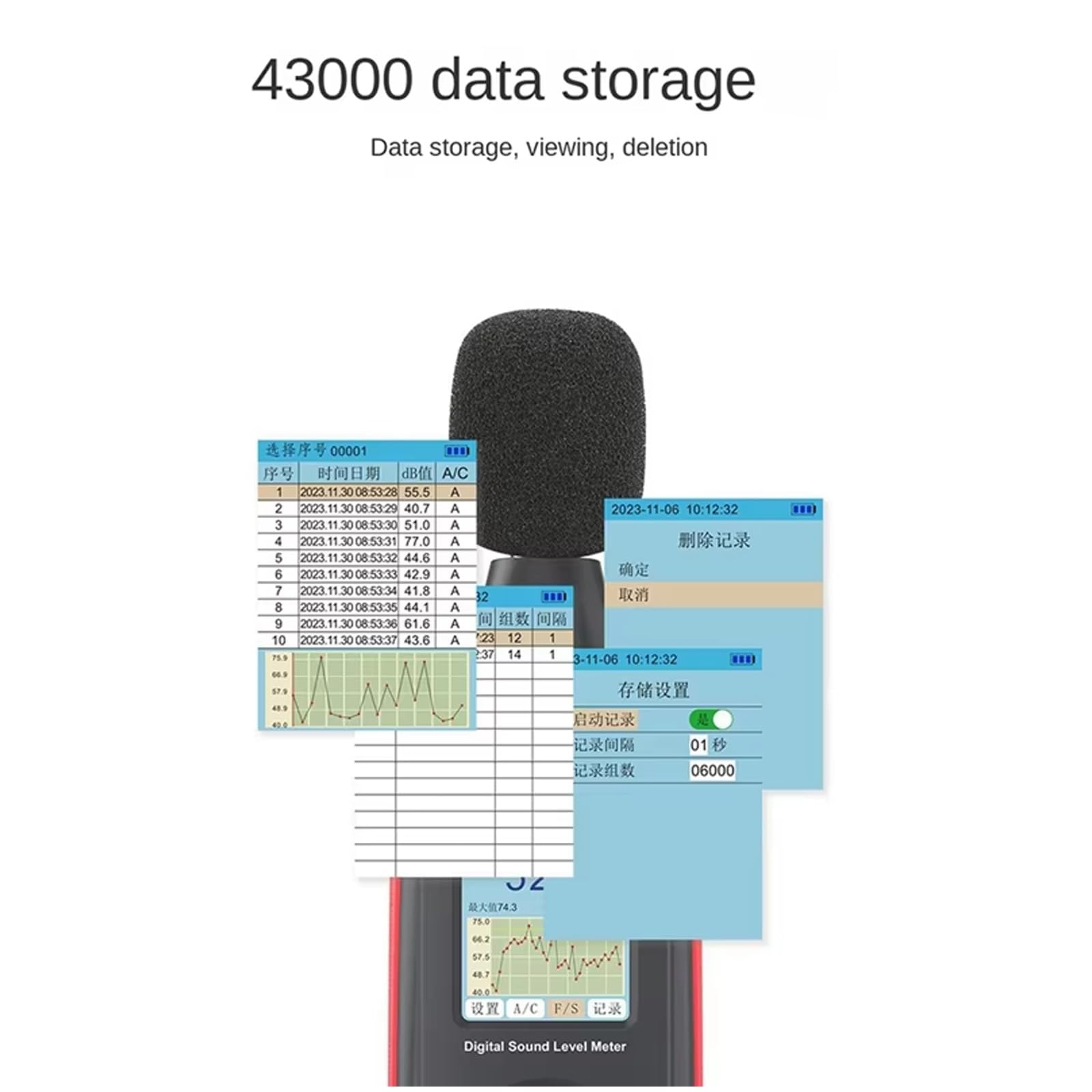 Sonómetro Digital portátil Noise Recorder 43000, Registrador de Datos Recargable con medición en Tiempo Real y función de exportación USB